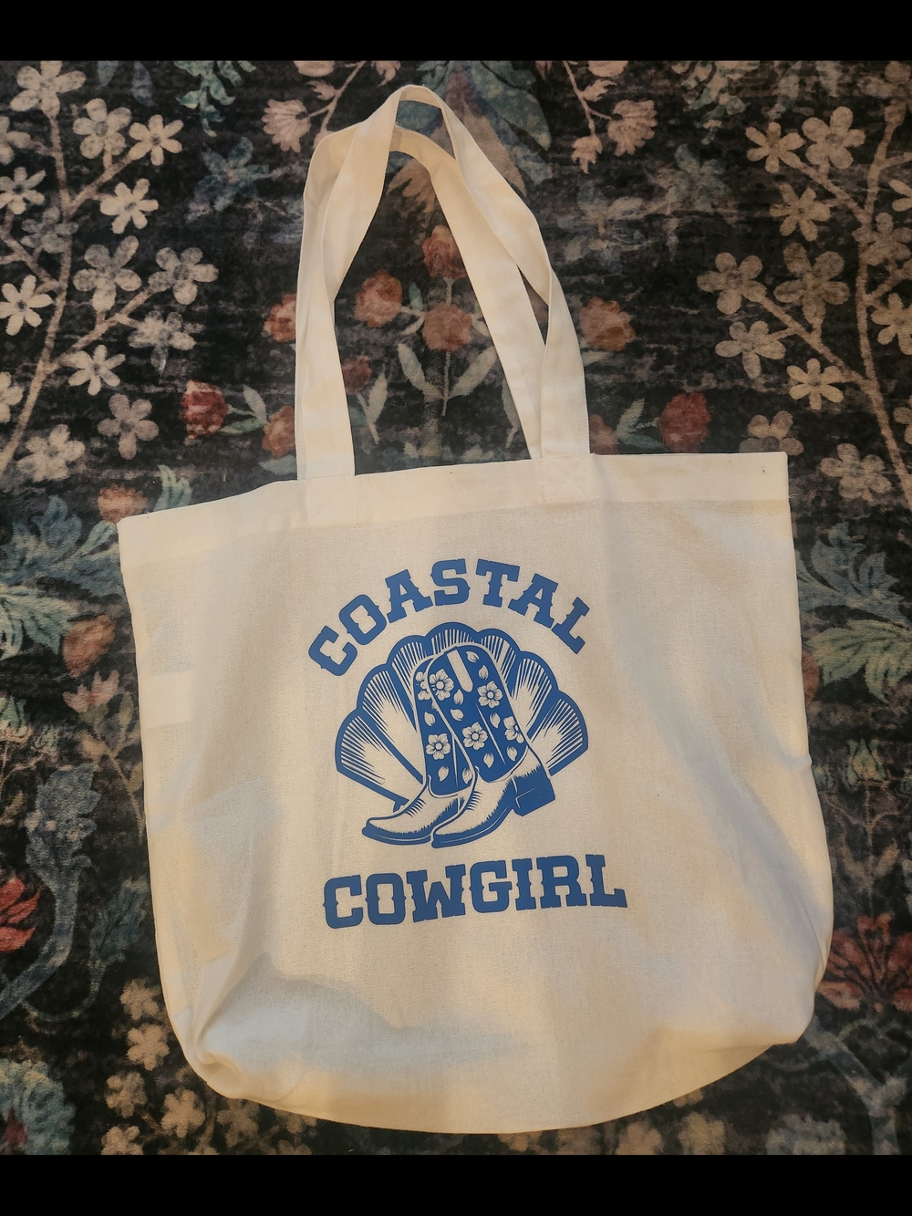 Coastal Cowgirl Canvas Tote Bag in Cream with Blue Print
